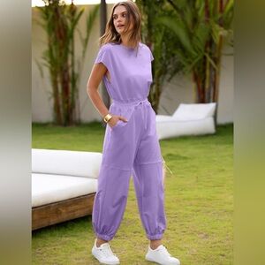 Simplee Women Short Sleeve Casual Jumpsuit Loose Fit Open Back Onesie Atheletic